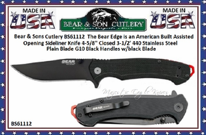 Bear & Sons Cutlery BS61112 The Bear Edge is an American Built Assisted  Opening Sideliner Knife 4-5/8" Closed 3-1/2' 440 Stainless Steel Plain Blade G10 Black Handles w/black Blade