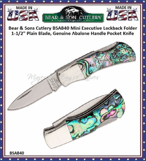 Bear & Sons Cutlery BSAB40 Mini Executive Lockback Folder 1-1/2" Plain Blade, Genuine Abalone Handle Pocket Knife