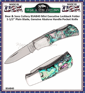 Bear & Sons Cutlery BSAB40 Mini Executive Lockback Folder 1-1/2" Plain Blade, Genuine Abalone Handle Pocket Knife