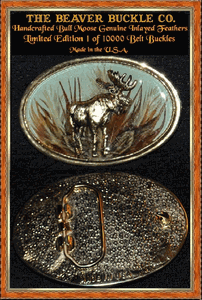 Beaver Buckle Co. Raised Alaskan Moose Belt Buckle Genuine Feather Background