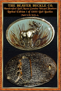 Beaver Buckle Co. Raised Alaskan Moose Belt Buckle Genuine Feather Background Beaver Buckle Co. Raised Alaskan Moose Belt Buckle Genuine Feather Background