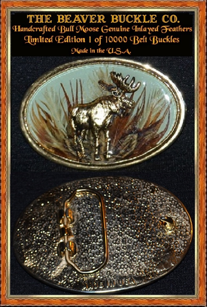 Beaver Buckle Co. Raised Alaskan Moose Belt Buckle Genuine Feather Background