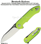 Bestech G17C-2 Torpedo Flipper Pocket Knife 3.125" D2 Satin/Stonewashed Two-Tone Blade, Textured Fruit Green G10 Handles