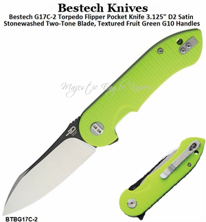 Bestech G17C-2 Torpedo Flipper Pocket Knife 3.125" D2 Satin/Stonewashed Two-Tone Blade, Textured Fruit Green G10 Handles