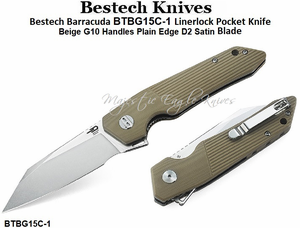 Bestech Knives Barracuda BG15C-1 Flipper Knife 3.5" D2 Satin/Stonewashed Two-Tone Modified Wharncliffe Blade, Beige G10 Handles 