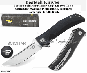 Bestech Knives BG05A-1 Bestech Scimitar Flipper 3.75" D2 Two-Tone Satin/Stonewashed Plane Blade, Textured Black G10 Handle Knife