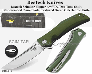 Bestech Knives BG05B-1 Bestech Scimitar Flipper 3.75" D2 Two-Tone Satin/Stonewashed Blade, Green G10 Handle Knife