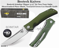 Bestech Knives BG05B-1 Bestech Scimitar Flipper 3.75" D2 Two-Tone Satin/Stonewashed Blade, Green G10 Handle Knife Bestech Knives BG05B-1 Bestech Scimitar Flipper 3.75" D2 Two-Tone Satin/Stonewashed Blade, Green G10 Handle Knife