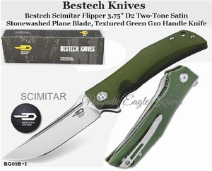 Bestech Knives BG05B-1 Bestech Scimitar Flipper 3.75" D2 Two-Tone Satin/Stonewashed Blade, Green G10 Handle Knife