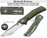 Bestech Knives BG05B-2 Bestech Scimitar Flipper 3.75" D2 Two-Tone Satin/Gray Blade, Green G10 Handle Knife