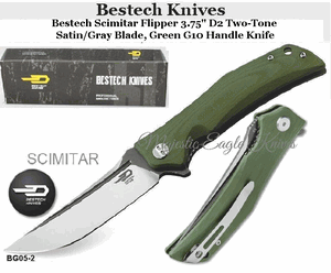 Bestech Knives BG05B-2 Bestech Scimitar Flipper 3.75" D2 Two-Tone Satin/Gray Blade, Green G10 Handle Knife