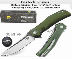 Bestech Knives BG05B-2 Bestech Scimitar Flipper 3.75" D2 Two-Tone Satin/Gray Blade, Green G10 Handle Knife