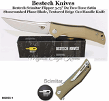 Bestech Knives BG05C-1 Bestech Scimitar Flipper 3.75" D2 Two-Tone Satin/Stonewashed Blade, Tan G10 Handle Knife