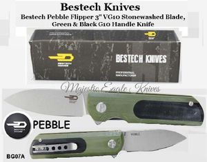 Bestech Knives BG07A Bestech Pebble Flipper Knife 3" VG10 Stonewashed Blade, Green and Black G10 Handle Knife