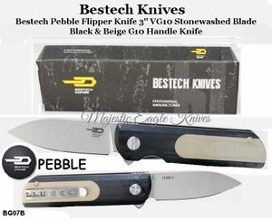 Bestech Knives BG07B Pebble Flipper Knife 3" VG10 Stonewashed Blade, Black and Beige G10 Handle Knife