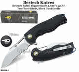 Bestech Knives BG08A-1 Bestech Rhino Flipper Knife 3.625" 154CM Stonewashed Two-Tone Blade, Black G10 Handle Knife