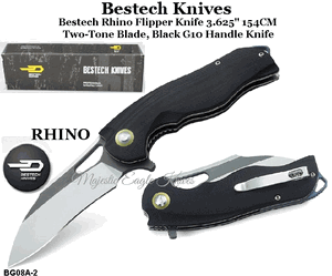 Bestech Knives BG08A-2 Bestech Rhino Flipper Knife 3.625" 154CM Two-Tone Blade, Black G10 Handle Knife