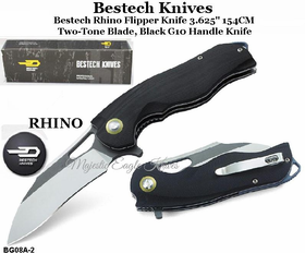 Bestech Knives BG08A-2 Bestech Rhino Flipper Knife 3.625" 154CM Two-Tone Blade, Black G10 Handle Knife