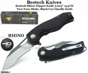 Bestech Knives BG08A-2 Bestech Rhino Flipper Knife 3.625" 154CM Two-Tone Blade, Black G10 Handle Knife