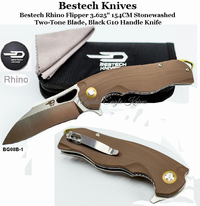Bestech Knives BG08B-1 Bestech Rhino Flipper Knife 3.625" 154CM Stonewashed Two-Tone Blade, Beige G10 Handle Knife Bestech Knives BG08B-1 Bestech Rhino Flipper Knife 3.625" 154CM Stonewashed Two-Tone Blade, Beige G10 Handle Knife