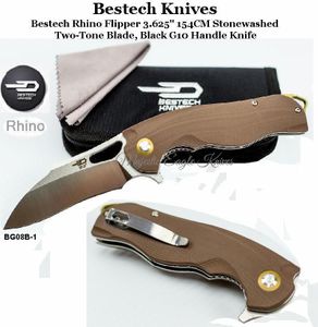 Bestech Knives BG08B-1 Bestech Rhino Flipper Knife 3.625" 154CM Stonewashed Two-Tone Blade, Beige G10 Handle Knife