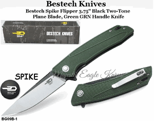 Bestech Knives BG09B-1 Bestech Spike Flipper Knife 3.75" Black Two-Tone Blade, Green GRN Handle Knife