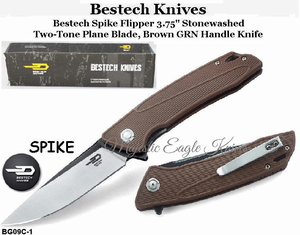 Bestech Knives BG09C-1 Bestech Spike Flipper Knife 3.75" Black Two-Tone Blade, Brown GRN Handle Knife