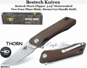 Bestech Knives BG10C-2 Bestech Thorn Flipper Knife 3.25" Stonewashed Two-Tone Blade, Brown G10 Handle Knife