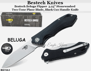 Bestech Knives BG11A-2 Bestech Beluga Flipper Knife 3.25" Stonewashed Two-Tone Blade, Black G10 Handle Knife