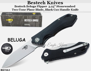 Bestech Knives BG11A-2 Bestech Beluga Flipper Knife 3.25" Stonewashed Two-Tone Blade, Black G10 Handle Knife