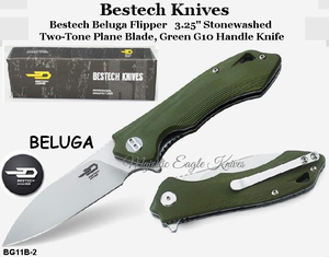 Bestech Knives BG11B-2 Bestech Beluga Flipper Knife 3.25" Stonewashed Two-Tone Blade, Green G10 Handle Knife