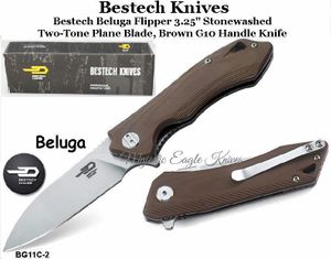 Bestech Knives BG11C-2 Bestech Beluga Flipper Knife 3.25" Stonewashed Two-Tone Blade, Brown G10 Handle Knife