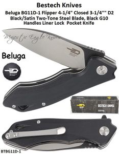 Bestech Knives BG11D-1 Beluga Flipper Pocket Knife 3.125" D2 Black/Satin Two-Tone Plain Blade, Black G10 Handles 