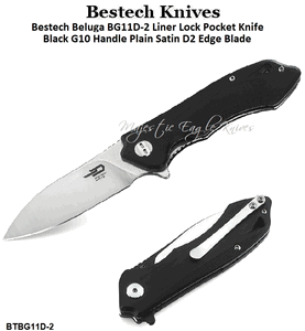 Bestech Knives BG11D-2 Beluga Flipper Pocket Knife 3.125" D2 Satin/Stonewashed Two-Tone Plain Blade, Black G10 Handles  