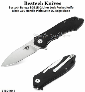 Bestech Knives BG11D-2 Beluga Flipper Pocket Knife 3.125" D2 Satin/Stonewashed Two-Tone Plain Blade, Black G10 Handles  