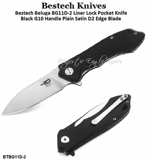 Bestech Knives BG11D-2 Beluga Flipper Pocket Knife 3.125" D2 Satin/Stonewashed Two-Tone Plain Blade, Black G10 Handles  