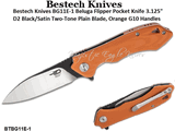 Bestech Knives BG11E-1 Beluga Flipper Pocket Knife 3.125" D2 Black/Satin Two-Tone Plain Blade, Orange G10 Handles 
