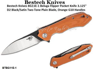 Bestech Knives BG11E-1 Beluga Flipper Pocket Knife 3.125" D2 Black/Satin Two-Tone Plain Blade, Orange G10 Handles 