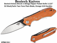 Bestech Knives BG11E-1 Beluga Flipper Pocket Knife 3.125" D2 Black/Satin Two-Tone Plain Blade, Orange G10 Handles Bestech Knives BG11E-1 Beluga Flipper Pocket Knife 3.125" D2 Black/Satin Two-Tone Plain Blade, Orange G10 Handles
