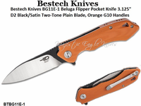 Bestech Knives BG11E-1 Beluga Flipper Pocket Knife 3.125" D2 Black/Satin Two-Tone Plain Blade, Orange G10 Handles Bestech Knives BG11E-1 Beluga Flipper Pocket Knife 3.125" D2 Black/Satin Two-Tone Plain Blade, Orange G10 Handles