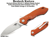 Bestech Knives BG11E-2  Beluga Flipper Pocket Knife Stonewash Satin Finished 3.125" D2 Plain Blade Orange G-10 Handles