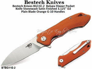 Bestech Knives BG11E-2  Beluga Flipper Pocket Knife Stonewash Satin Finished 3.125" D2 Plain Blade Orange G-10 Handles