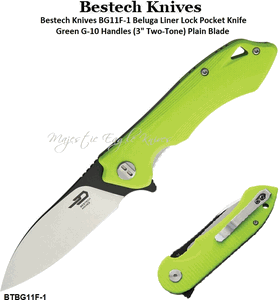 Bestech Knives BG11F-1 Beluga Liner Lock Pocket Knife Green G-10 Handles (3" Two-Tone) Plain Blade