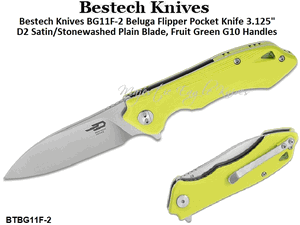 Bestech Knives BG11F-2 Beluga Flipper Pocket Knife 3.125" D2 Satin/Stonewashed Plain Blade, Fruit Green G10 Handles 