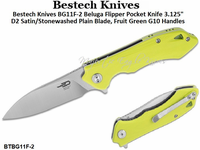 Bestech Knives BG11F-2 Beluga Flipper Pocket Knife 3.125" D2 Satin/Stonewashed Plain Blade, Fruit Green G10 Handles Bestech Knives BG11F-2 Beluga Flipper Pocket Knife 3.125" D2 Satin/Stonewashed Plain Blade, Fruit Green G10 Handles