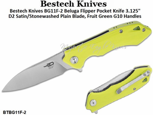 Bestech Knives BG11F-2 Beluga Flipper Pocket Knife 3.125" D2 Satin/Stonewashed Plain Blade, Fruit Green G10 Handles 