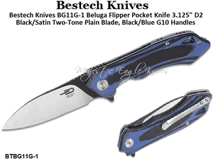 Bestech Knives BG11G-1 Beluga Flipper Pocket Knife 3.125" D2 Black/Satin Two-Tone Plain Blade, Black/Blue G10 Handles 
