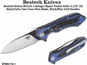 Bestech Knives BG11G-1 Beluga Flipper Pocket Knife 3.125" D2 Black/Satin Two-Tone Plain Blade, Black/Blue G10 Handles 