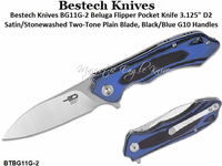 Bestech Knives BG11G-2 Beluga Flipper Pocket Knife 3.125" D2 Satin/Stonewashed Two-Tone Plain Blade, Black/Blue G10 Handles Bestech Knives BG11G-2 Beluga Flipper Pocket Knife 3.125" D2 Satin/Stonewashed Two-Tone Plain Blade, Black/Blue G10 Handles