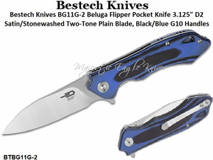 Bestech Knives BG11G-2 Beluga Flipper Pocket Knife 3.125" D2 Satin/Stonewashed Two-Tone Plain Blade, Black/Blue G10 Handles 